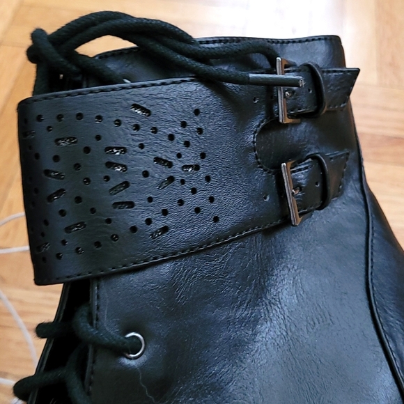 NWT Black Lace Up Boots with Zipper and Decorative Strap - 3 Inch Heels - Picture 5 of 13